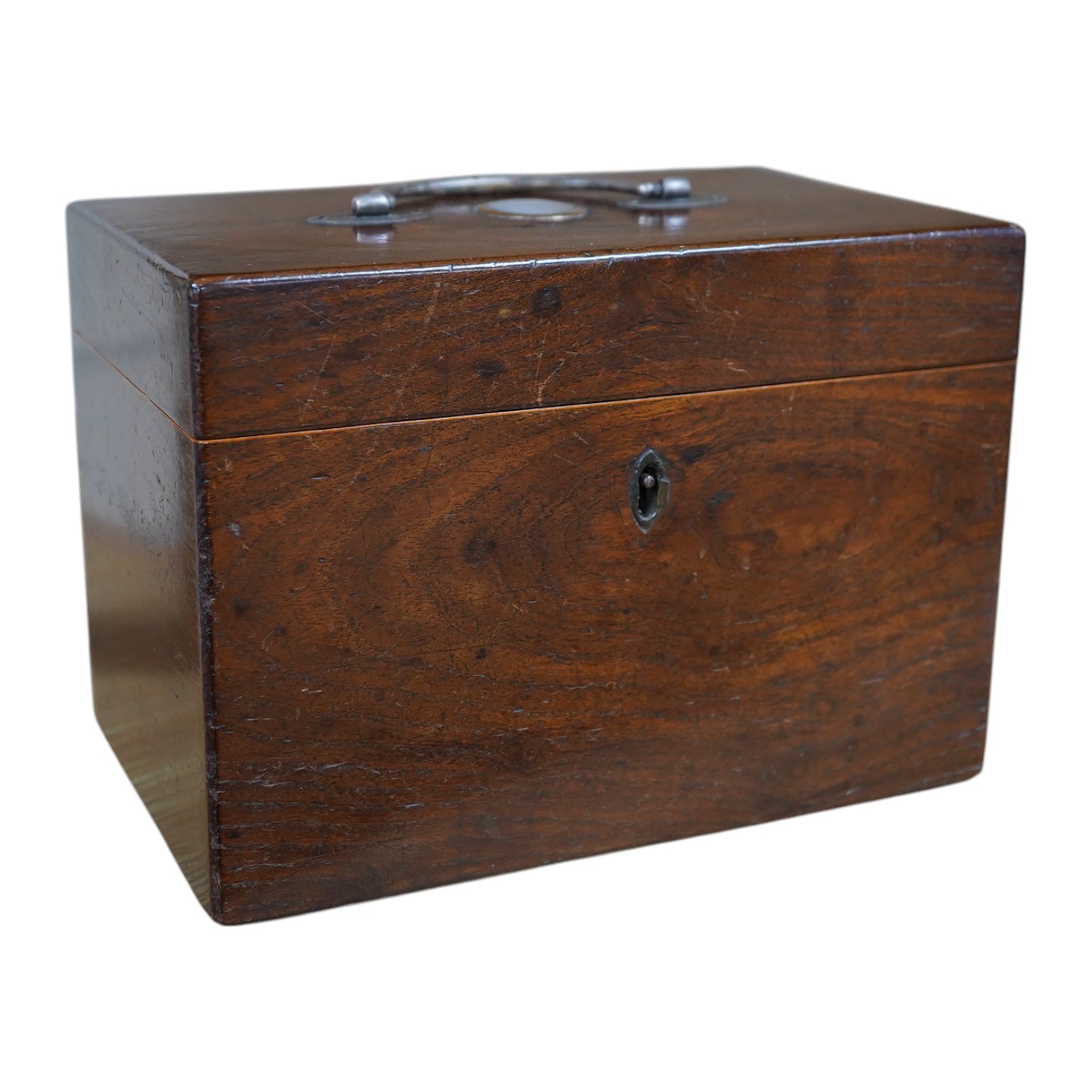 A George III tea caddy, possibly a commemorative made from the timbers of a ship, the top inset with a Tassie style white paste miniature portrait bust of a gentleman, signed ‘Wray’, after Robert Bateman Wray (II), medal